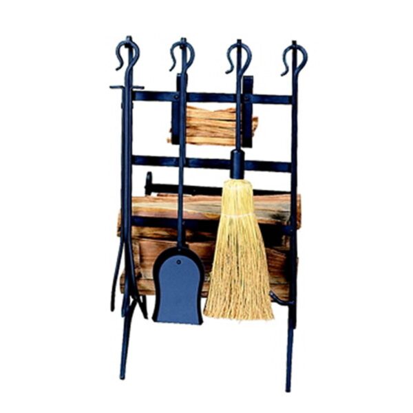 Wrought Iron Indoor Firewood Rack with Tools - Black